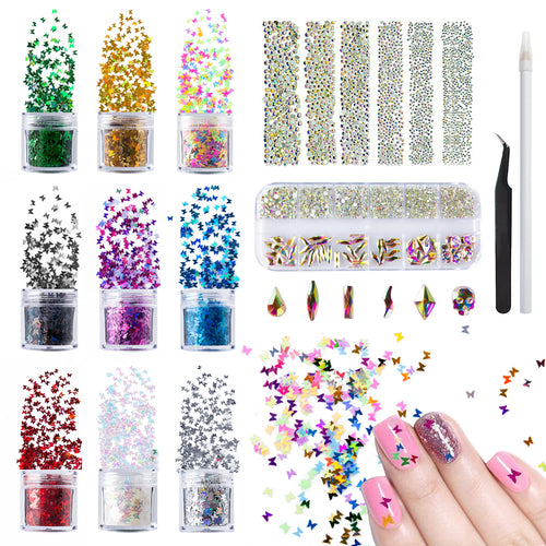 3D Nail Art Rhinestones Set, Crystal AB Round & Multiple Shapes Flat Back Gems(1656+60pcs) with 9 Colors butterfly Glitter Kit