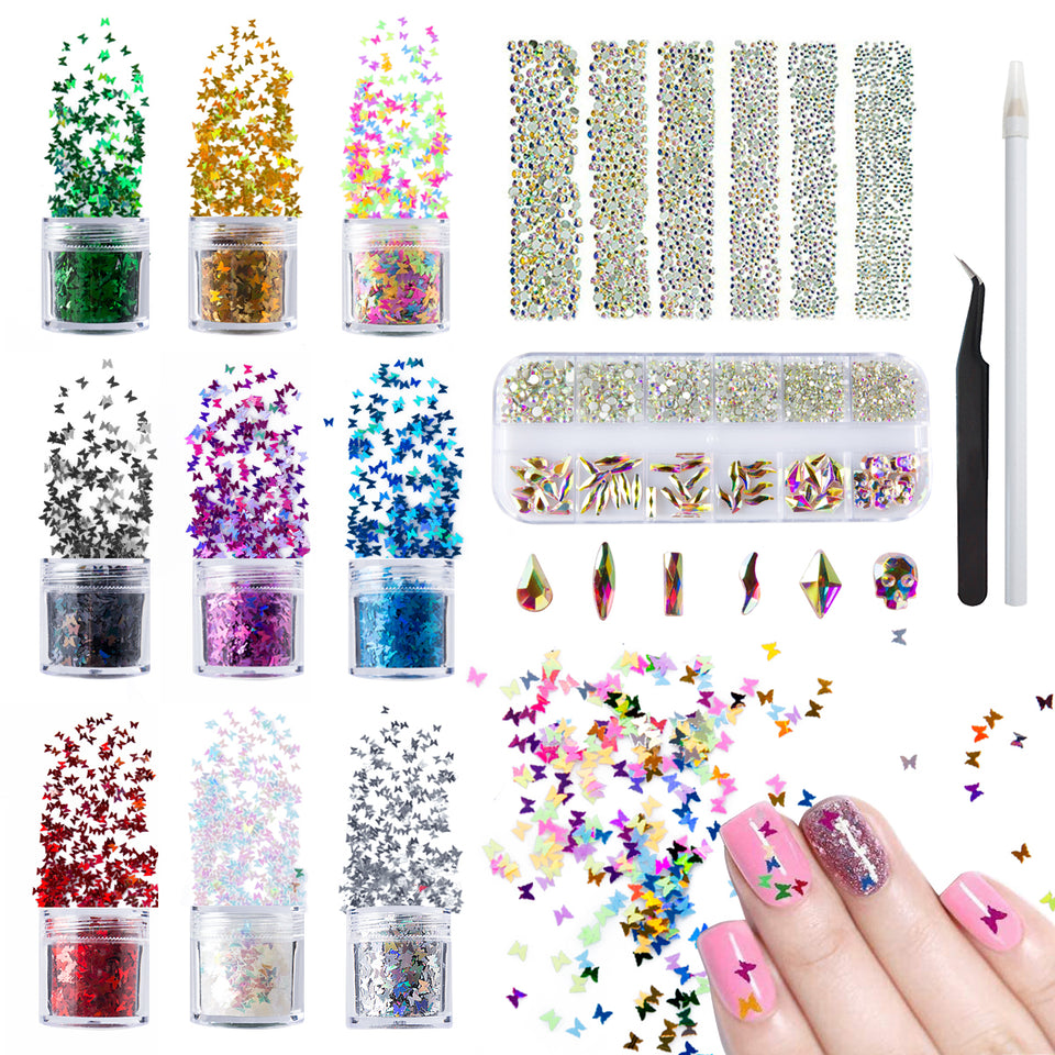 3D Nail Art Rhinestones Set, Crystal AB Round & Multiple Shapes Flat Back Gems(1656+60pcs) with 9 Colors butterfly Glitter Kit