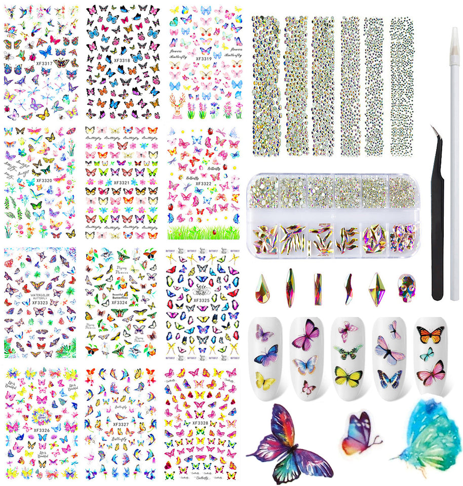 12 Sheets Nail Art Stickers Butterfly Flowers Colorful Self-Adhesive Nail Manicure Decals, Crystal Round Rhinestones & Multi Shapes Nail Gems for Nail DIY Decoration
