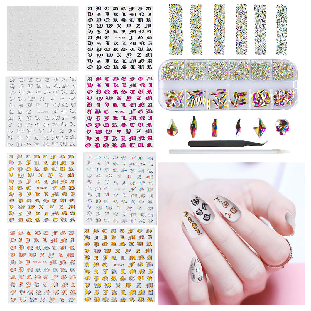Nail Art Sticker Holographic Letter Laser Words Character and Nail Crystal Round Rhinestones & Multiple Shapes Nail Gems Nail Art Decor