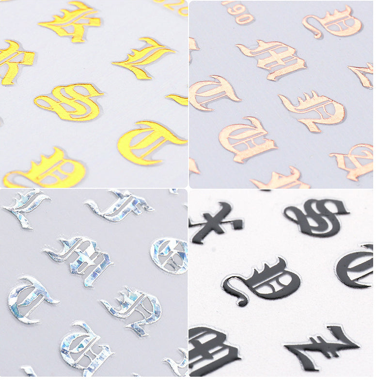 24 Sheets Letter Nail Sticker for Women 8 Colors Holographic Old English Nail Decals for Women Holographic Word Nail Art Decor