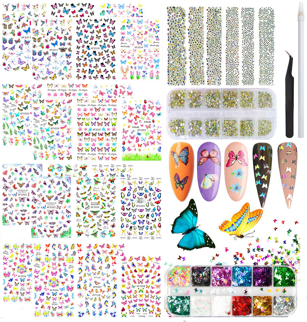 24 Sheets Butterfly Nail Stickers Decals, 3312pcs Nail Crystal Rhinestones Round Stones and Butterfly Holographic Sequins Acrylic Manicure for Nail Art Supplies