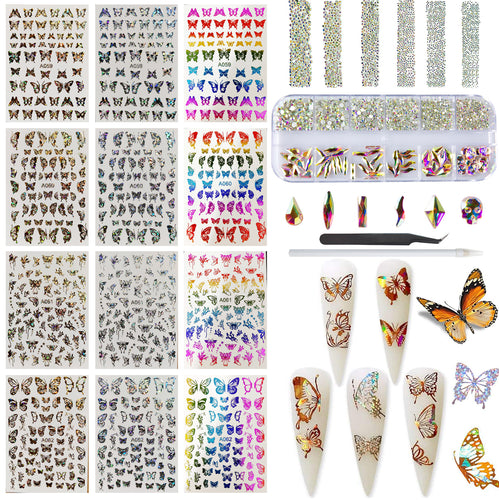 Holographic Butterfly Nail Art Sticker, 12 Sheets Laser Gold & Sliver Butterfly Adhesive Decals, Crystal Round Rhinestones & Multiple Shapes Nail Gems for Nail Manicure Decoration