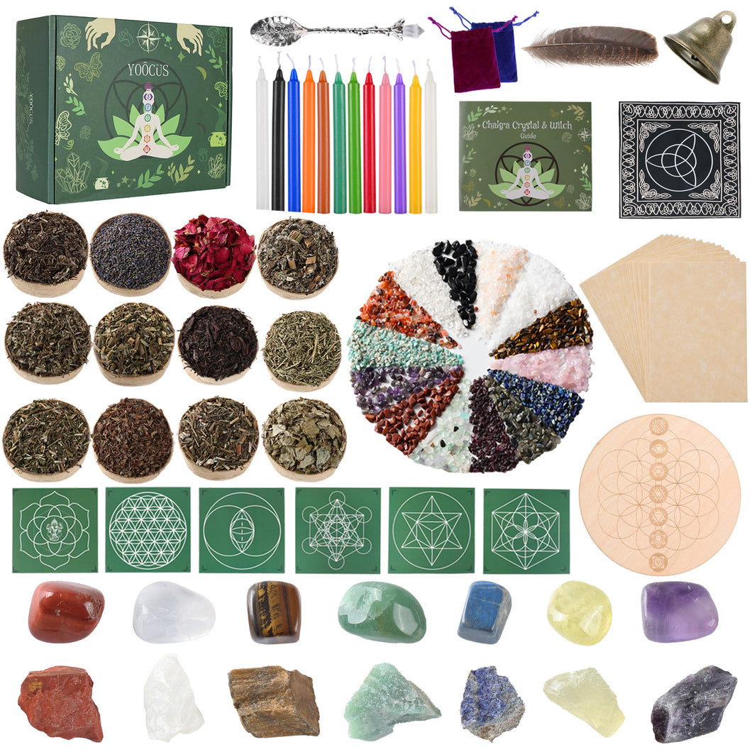 Witchcraft Supplies Kits 84 Packs with Chakra Crystals Healing Stones Mini Gemstones Dried Herbs Chakra Crystal Grids Colored Magic Candles Parchments for Beginners and Experienced Witches Accessories
