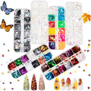 6 Boxes Holographic Nail Sequins, Colorful Butterfly and Maple Leaf Glitter and 24 Colors Iridescent Mermaid Flakes, DIY Decals Decoration for Nails Face Body Eyes
