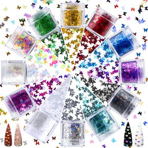12 Boxes Holographic Butterfly Nail Glitter,3D Laser Nail Sparkle Sequins Acrylic glitter for Nail Art Decoration & DIY Crafting