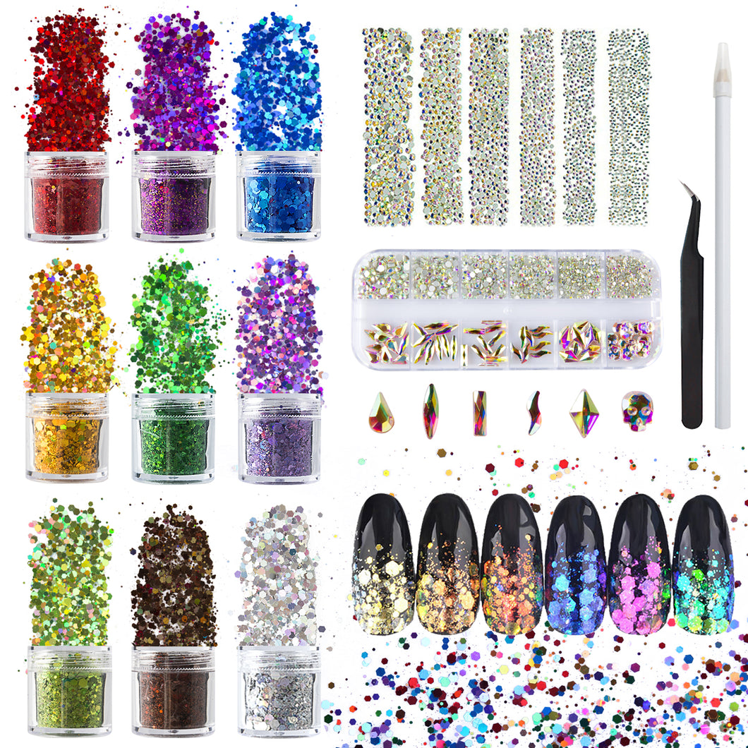 Glass Crystal AB Round Nail Rhinestones & Multiple Shapes Flat Back Gems(1656+60pcs) with 9 Colors Laser Hexagon Glitter Kit for Nail Art Decorations