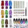 Glass Crystal AB Round Nail Rhinestones &amp; Multiple Shapes Flat Back Gems(1656+60pcs) with 9 Colors Laser Hexagon Glitter Kit for Nail Art Decorations