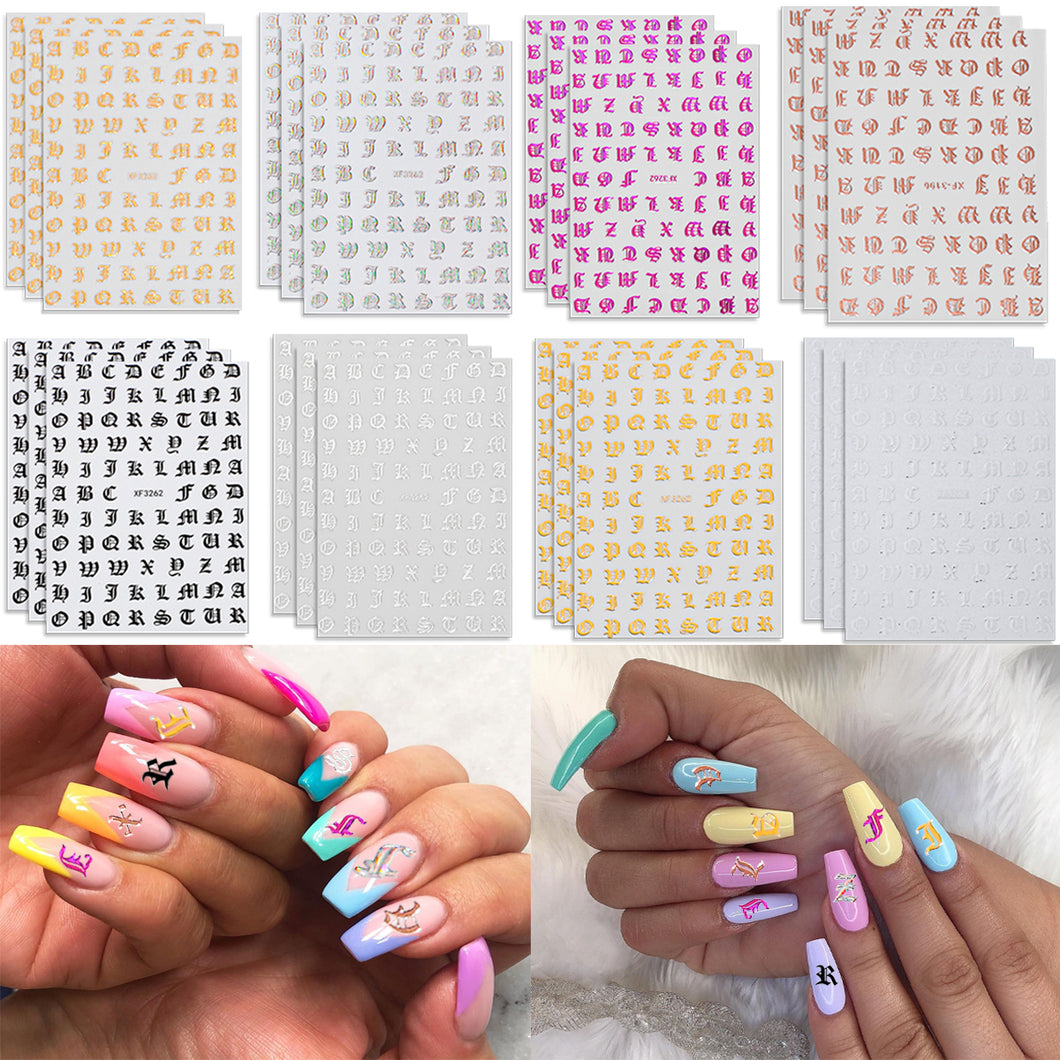 24 Sheets Letter Nail Sticker for Women 8 Colors Holographic Old English Nail Decals for Women Holographic Word Nail Art Decor