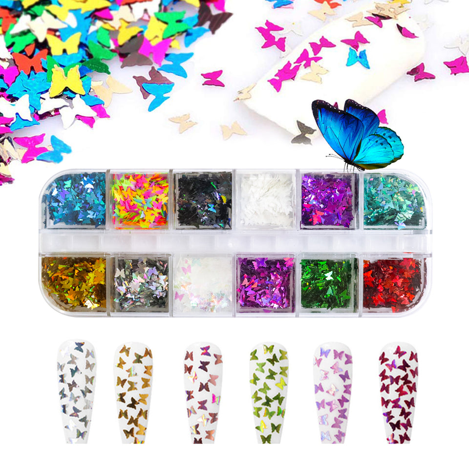 Holographic Butterfly Nail Art Sticker, 12 Sheets Laser Gold & Sliver & Colorful Decals and 12 Grids Butterfly Glitter Sequins for Nail Art Decoration DIY Crafts