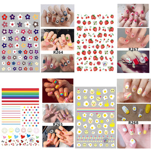 Nail Stickers for Women Kids Girls Mixed 12 Sheets DIY Self Adhesive 3D Art Nail Decals for Women Kids Including Colorful Plants Fruits Rainbow
