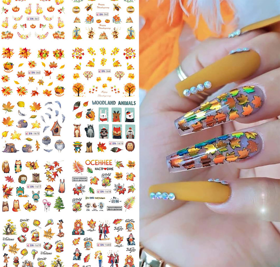 48 Sheets Fall Autumn Nail Stickers Thanksgiving Maple Leaf Pumpkin Water Transfer Decals and Nail Crystal Round Rhinestones & Multi Shapes Nail Gems for Nail Art Decoration