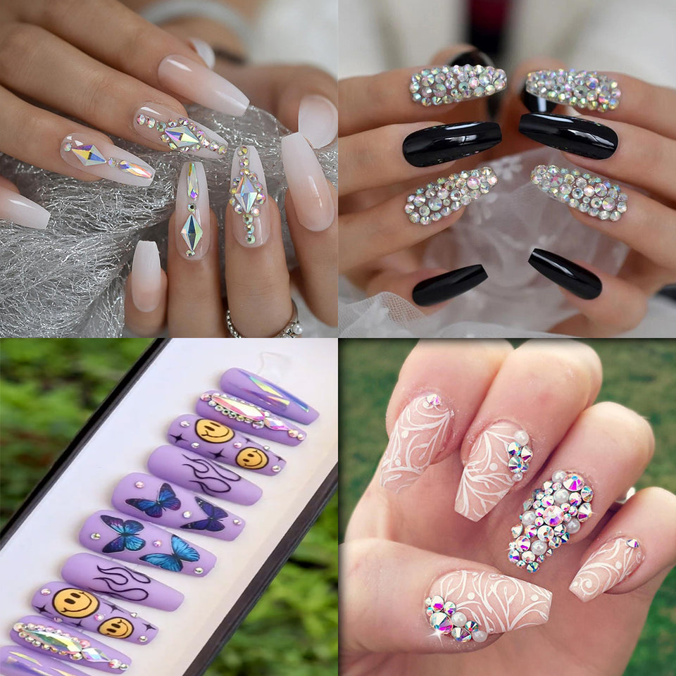 12 Sheets Nail Art Stickers Butterfly Flowers Colorful Self-Adhesive Nail Manicure Decals, Crystal Round Rhinestones & Multi Shapes Nail Gems for Nail DIY Decoration