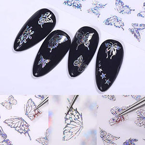 Holographic Butterfly Nail Art Sticker, 12 Sheets Laser Gold & Sliver Butterfly Adhesive Decals, Crystal Round Rhinestones & Multiple Shapes Nail Gems for Nail Manicure Decoration
