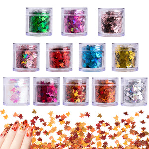 12 Boxes Nail Art Sequins Maple Leaf Glitter Holographic Chunky Laser Fall Nail Decals Thanksgiving Manicure Accessories for DIY Nails Supplies