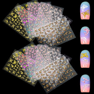 Holographic Butterfly Nail Stickers for Women 12 Sheets Golden Silver Self Adhesive 3D Art Laser Butterfly Nail Decals for Women