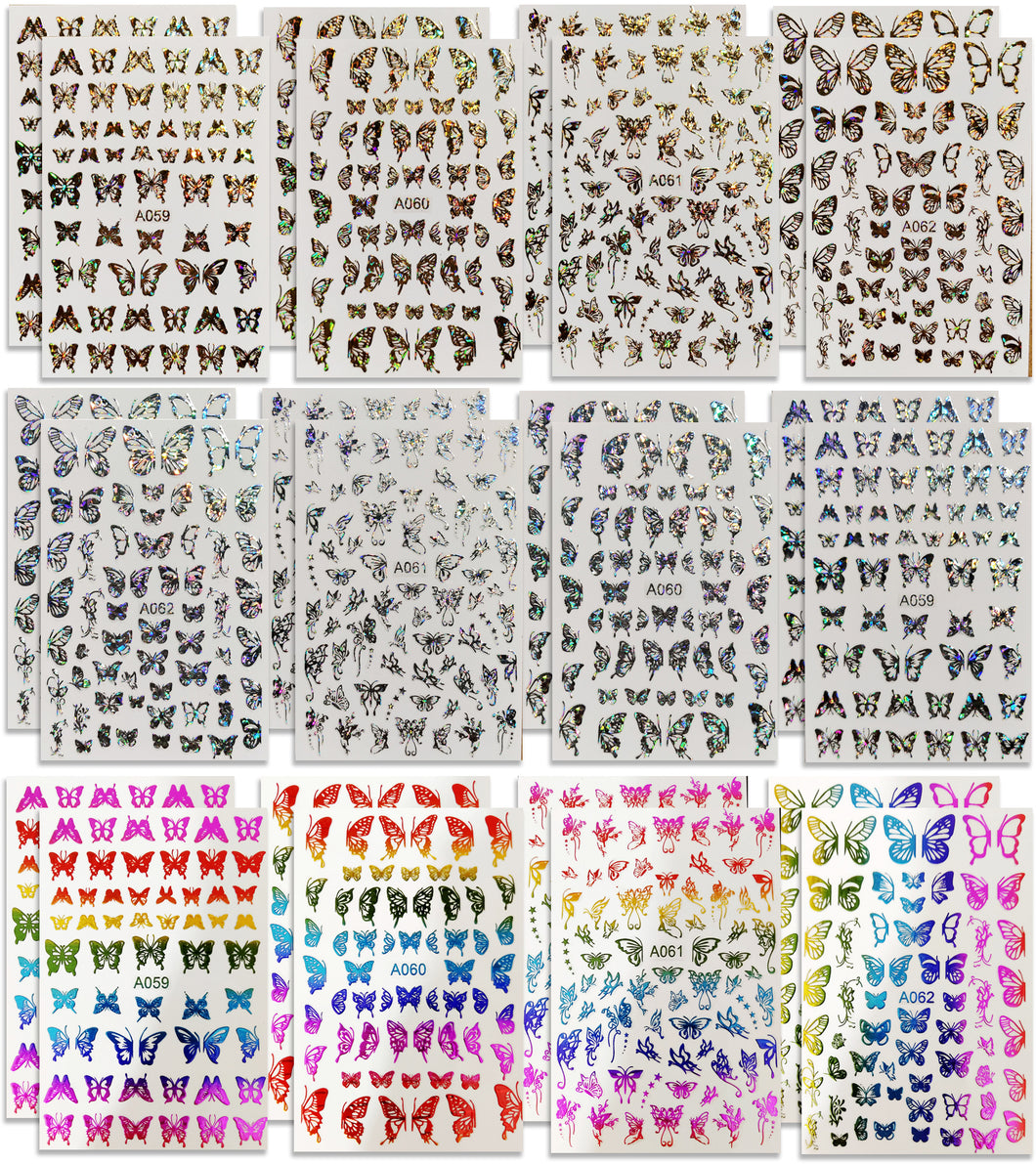 Holographic Butterfly Nail Stickers for Women 24 Sheets Golden Silver Self Adhesive 3D Art Laser Butterfly Nail Decals for Women