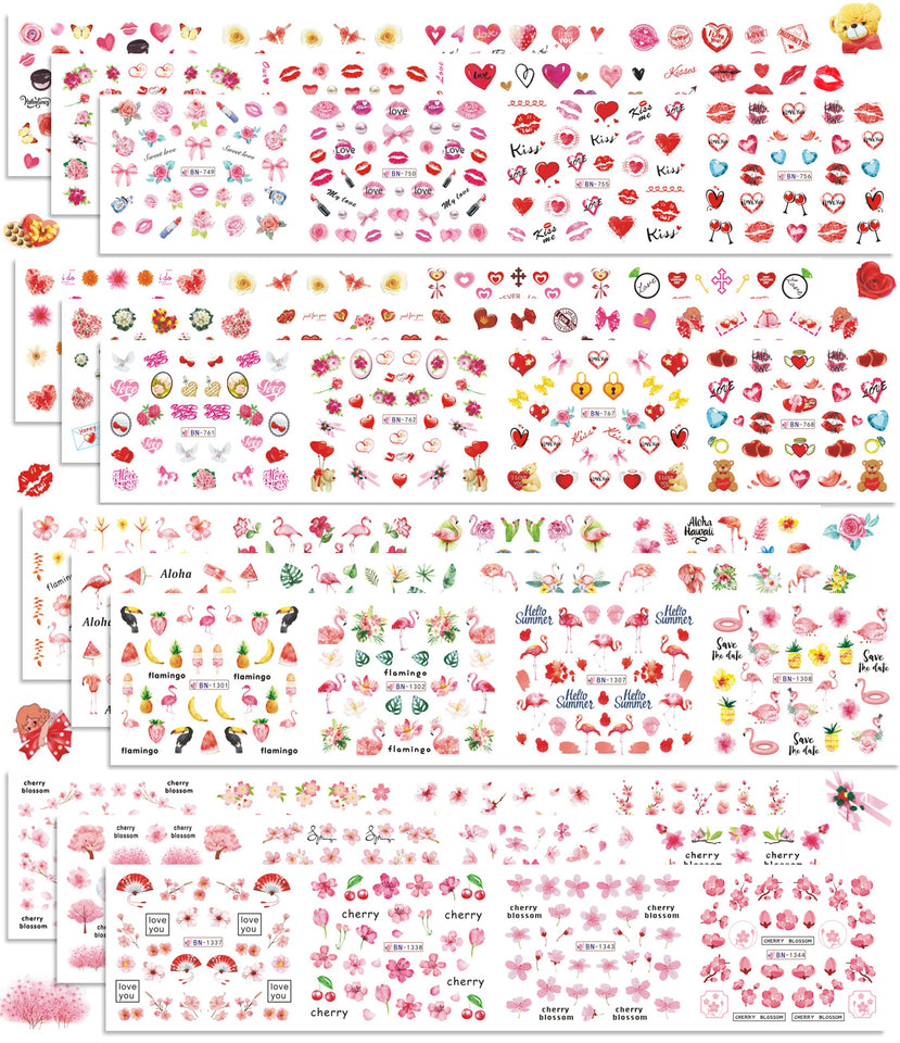 1600+ Pcs Pink Nail Stickers for Women Mixed 48 Sheets 3D DIY Art Kiss Nail Decals for Women Including Flower Flamingo