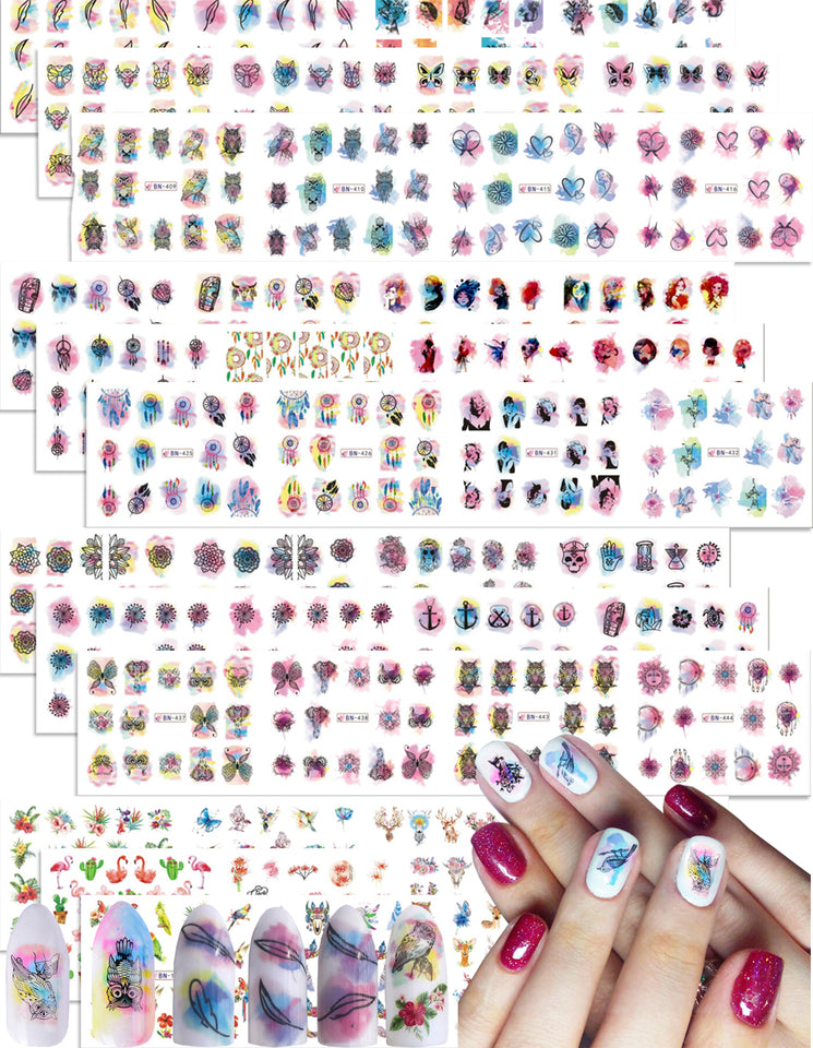 48 Sheets Watercolor Nail Stickers for Women Mixed 3D DIY Art Nail Decals for Women Nail Art Decor Nail Water Transfer Decals